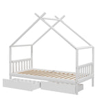 Bed Frame Wooden Base Kids Single Timber House  with 2 Storage Drawers Beds White