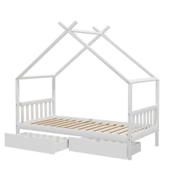  Bed Frame Wooden Base Kids Single Timber House  with 2 Storage Drawers Beds White