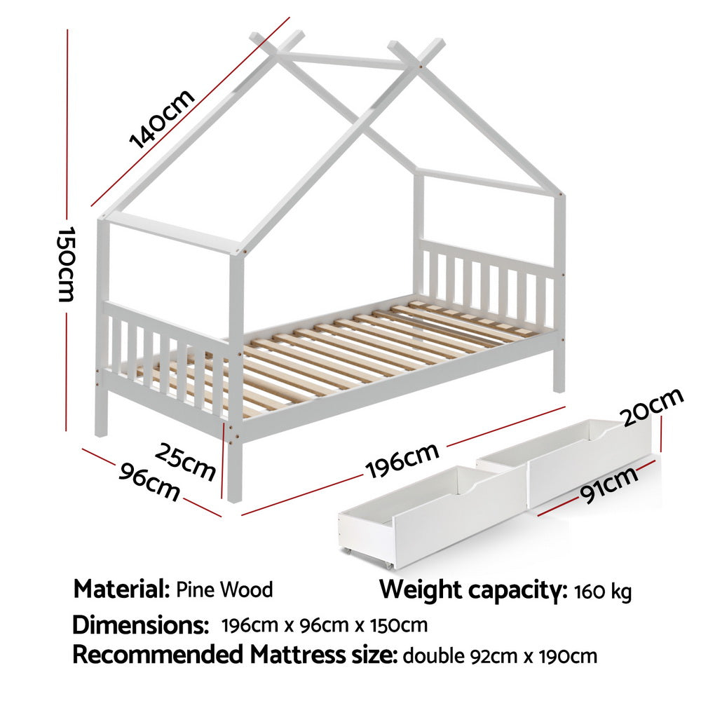  Bed Frame Wooden Base Kids Single Timber House  with 2 Storage Drawers Beds White