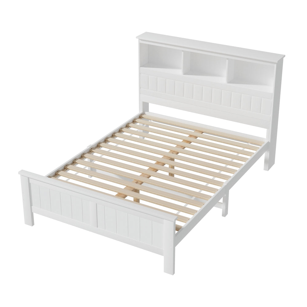 Bed Frame Double Size Wooden With 3 Shelves Bed Head White