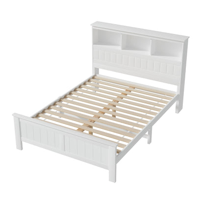 Bed Frame Double Size Wooden With 3 Shelves Bed Head White