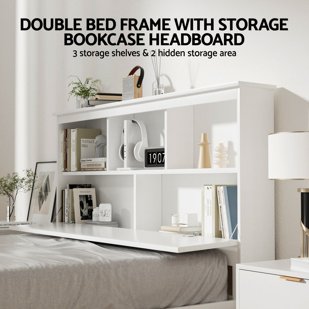 Bed Frame Double Size Wooden With 3 Shelves Bed Head White
