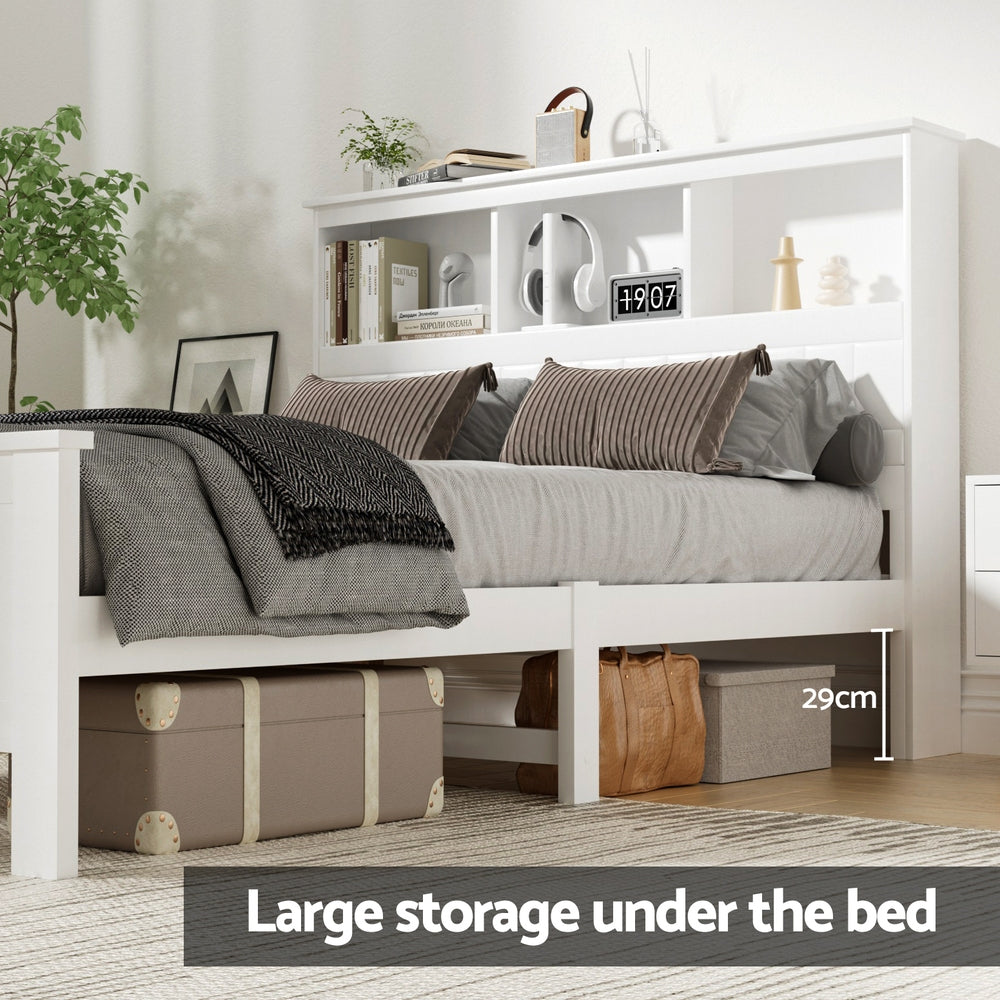 Bed Frame Double Size Wooden With 3 Shelves Bed Head White
