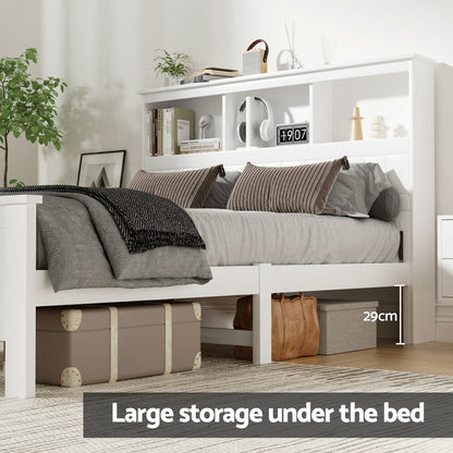 Bed Frame Double Size Wooden With 3 Shelves Bed Head White