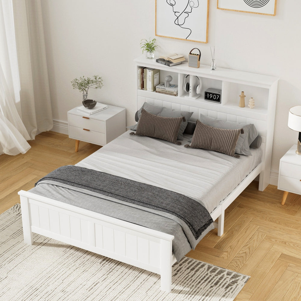 Bed Frame Double Size Wooden With 3 Shelves Bed Head White