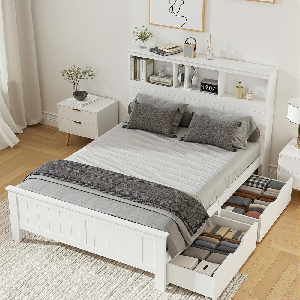 Double Bed Frame Wooden White 212x150x115cm