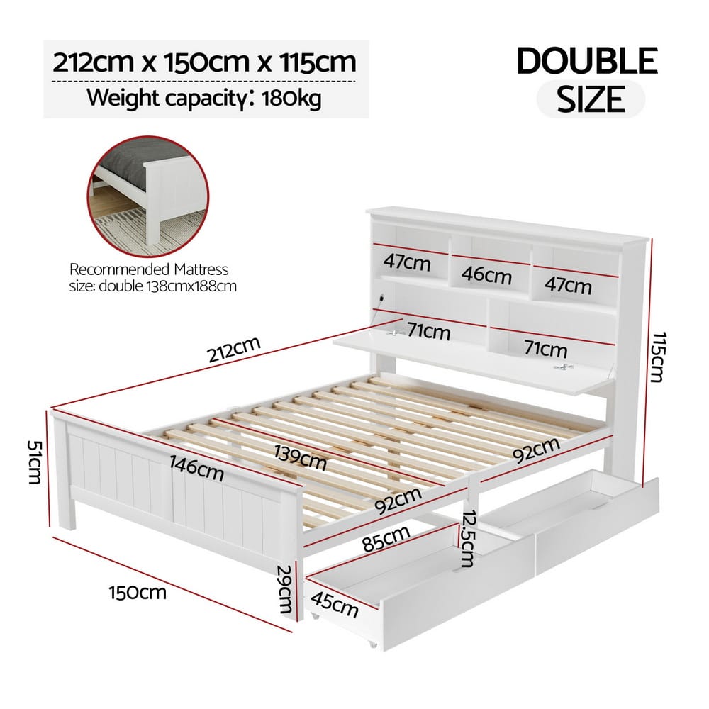 Double Bed Frame Wooden White 212x150x115cm