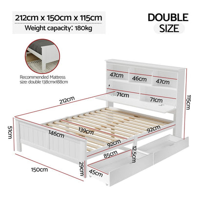 Double Bed Frame Wooden White 212x150x115cm