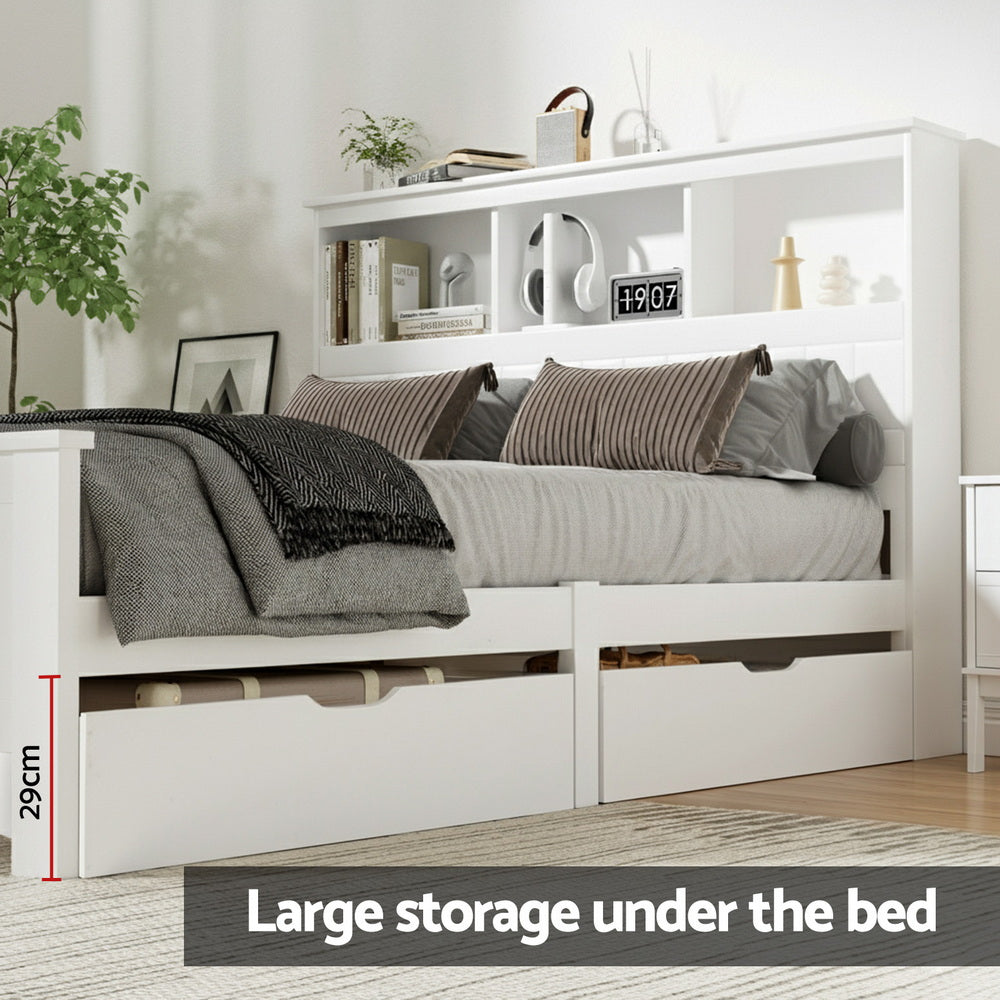 Bed Frame Double Size Wooden With 3 Shelves Bed Head White
