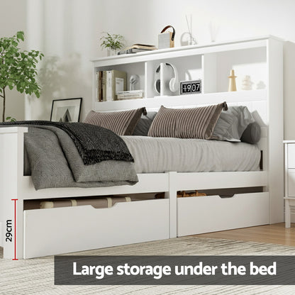 Bed Frame Double Size Wooden With 3 Shelves Bed Head White