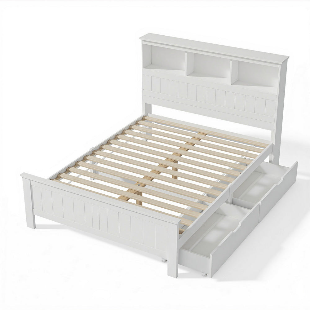 Bed Frame Double Size Wooden With 3 Shelves Bed Head White