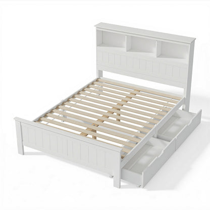 Bed Frame Double Size Wooden With 3 Shelves Bed Head White