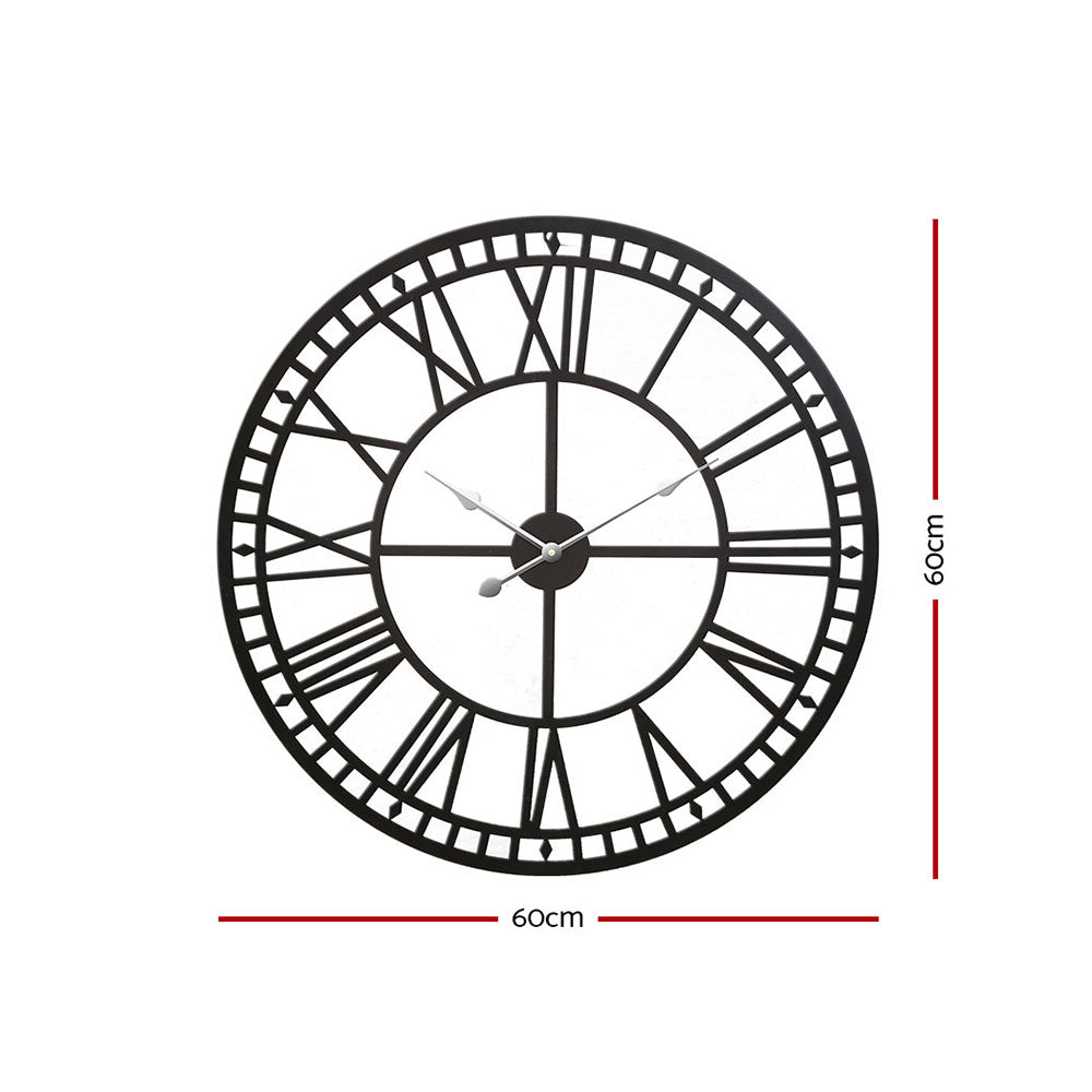 60Cm Wall Clock Large Roman Numerals Metal Black