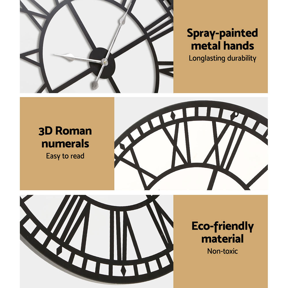 60Cm Wall Clock Large Roman Numerals Metal Black