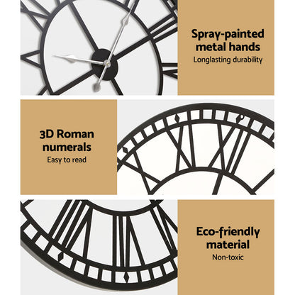 60Cm Wall Clock Large Roman Numerals Metal Black