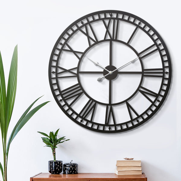  80Cm Wall Clock Large Roman Numerals Metal Black