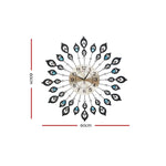 60Cm Wall Clock Large 3D Peacock Crystal Silver