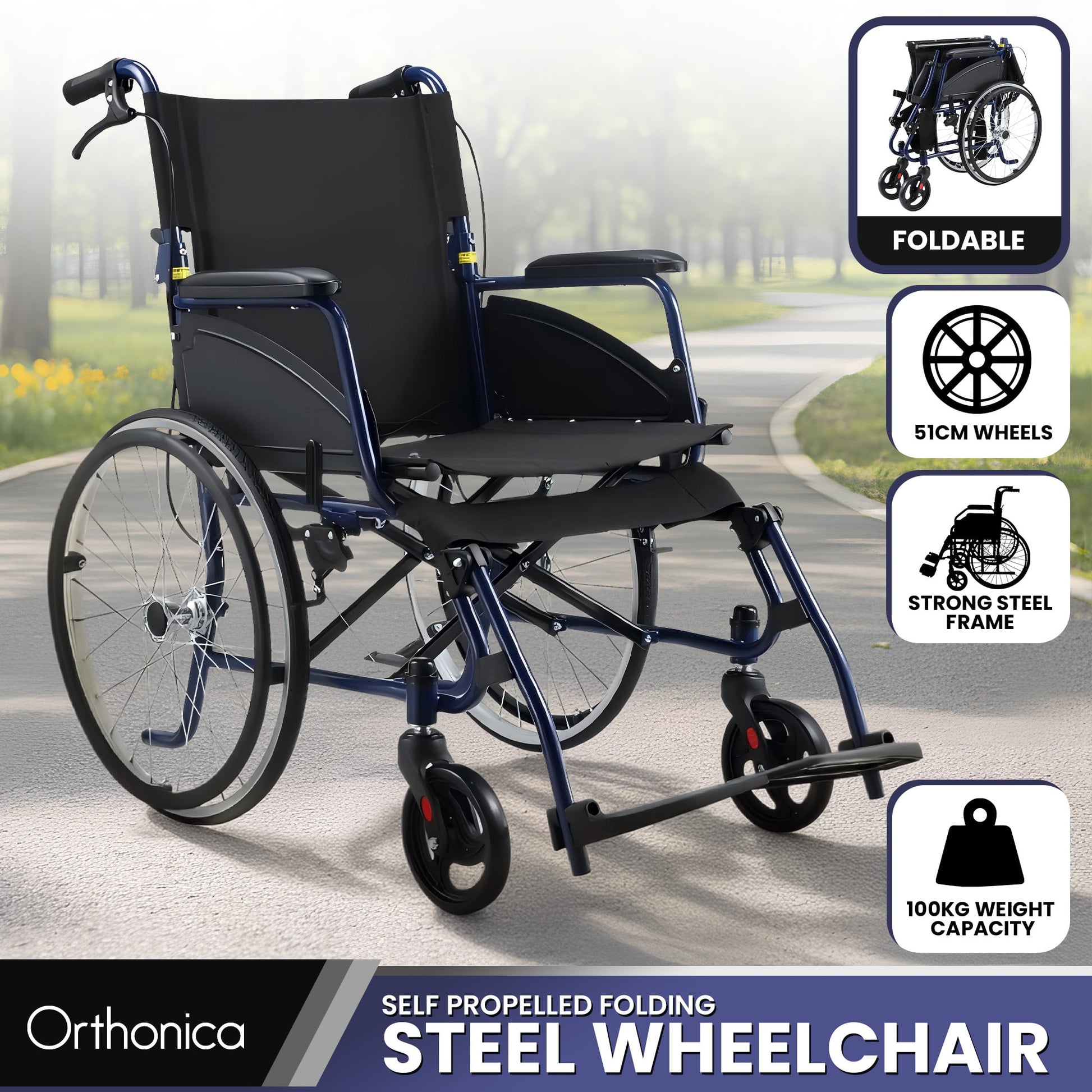 20in Self-Propelled Foldable Steel Wheelchair Lightweight Portable Mobility Aid