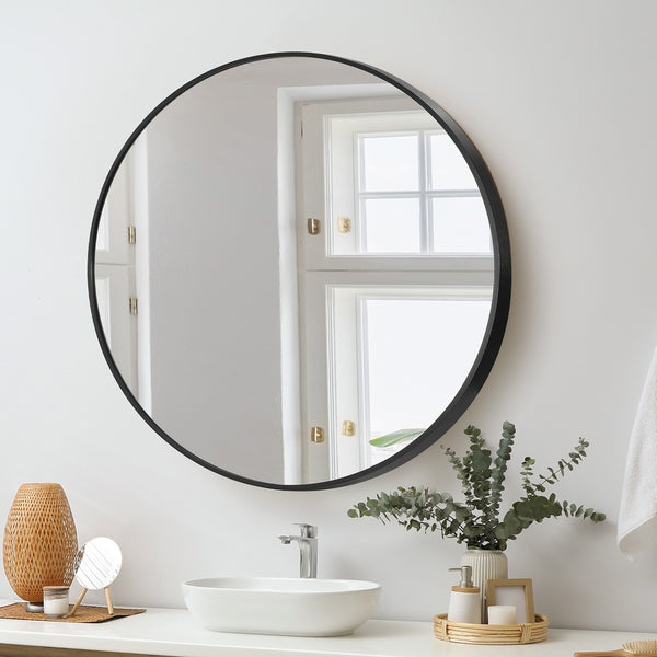  Round Wall Mirror Black & Gold Frame 80cm Modern Bathroom Bedroom Decor