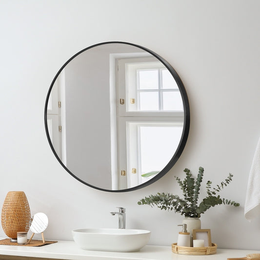 Round Wall Mirror 60cm Black Frame Modern Bathroom Bedroom Home Decor