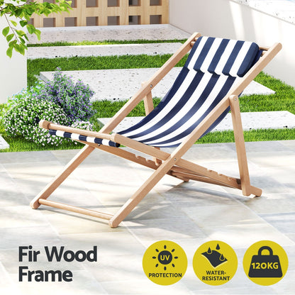 Outdoor Deck Chair Wooden Sun Lounge Folding Beach Patio Furniture Blue