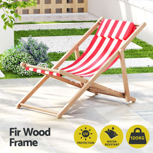 Outdoor Deck Chair Wooden Sun Lounge Folding Beach Patio Furniture Red