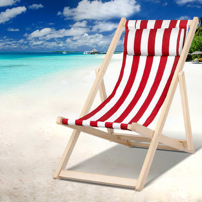 Outdoor Deck Chair Wooden Sun Lounge Folding Beach Patio Furniture Red