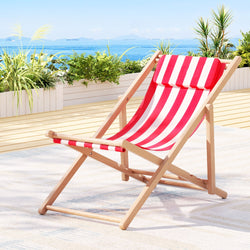 Outdoor Deck Chair Wooden Sun Lounge Folding Beach Patio Furniture Red