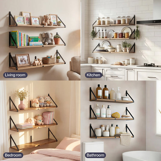 Floating Wall Shelves 3Pcs Rustic Wooden Storage Display Bookshelf Rack