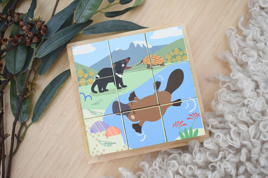Wooden Animal Cube Puzzle 9pc 4.5x4.5cm