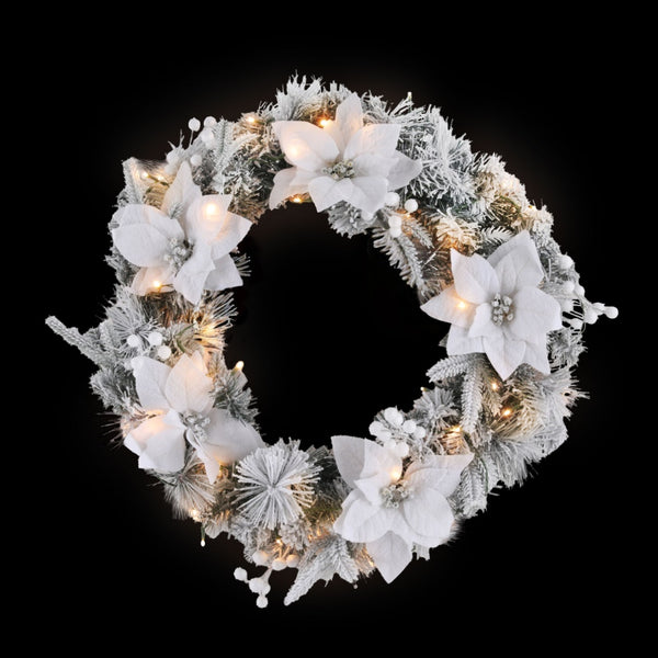  60cm Christmas Wreath LED Lights Snowy Flowers Garland Party Decor