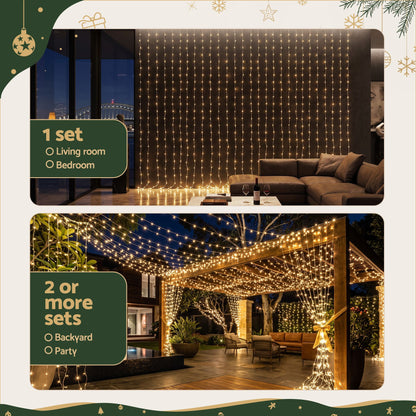 3X6M Christmas Lights Curtain Light Warm White 600 LED Jingle Jollys