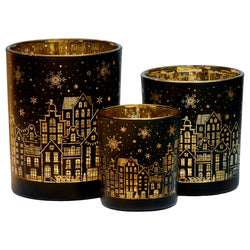 Christmas Candle Jar Set of 3 Black and Gold Holiday Candle Holders