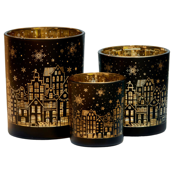  Christmas Candle Jar Set of 3 Black and Gold Holiday Candle Holders