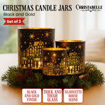 Christmas Candle Jar Set of 3 Black and Gold Holiday Candle Holders