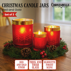 Christmas Candle Jar Set of 3 Red and Gold Holiday Candle Holders