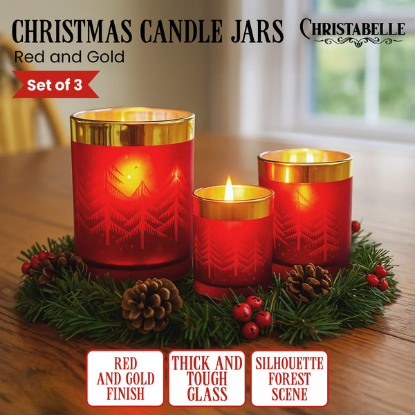  Christmas Candle Jar Set of 3 Red and Gold Holiday Candle Holders