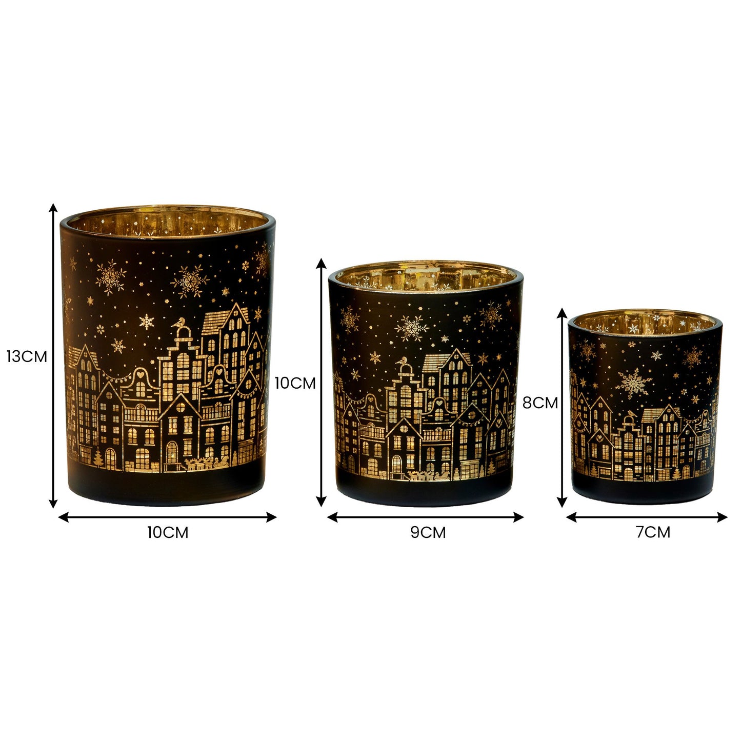 Christmas Candle Jar Set of 3 Black and Gold Holiday Candle Holders
