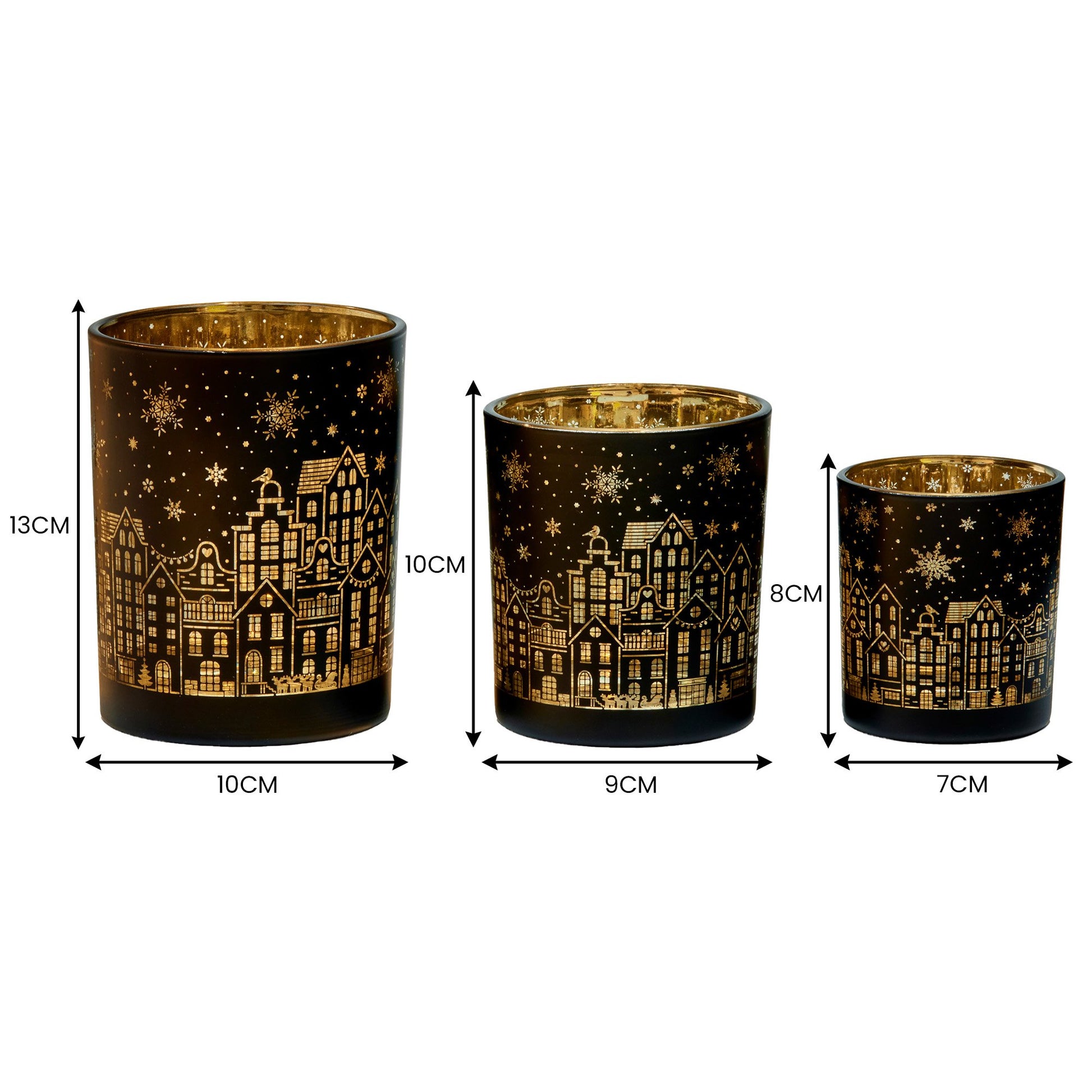 Christmas Candle Jar Set of 3 Black and Gold Holiday Candle Holders