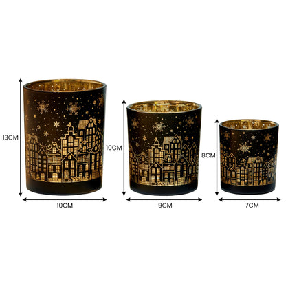 Christmas Candle Jar Set of 3 Black and Gold Holiday Candle Holders
