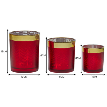 Christmas Candle Jar Set of 3 Red and Gold Holiday Candle Holders