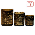 Christmas Candle Jar Set of 3 Black and Gold Holiday Candle Holders