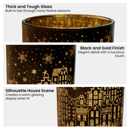 Christmas Candle Jar Set of 3 Black and Gold Holiday Candle Holders