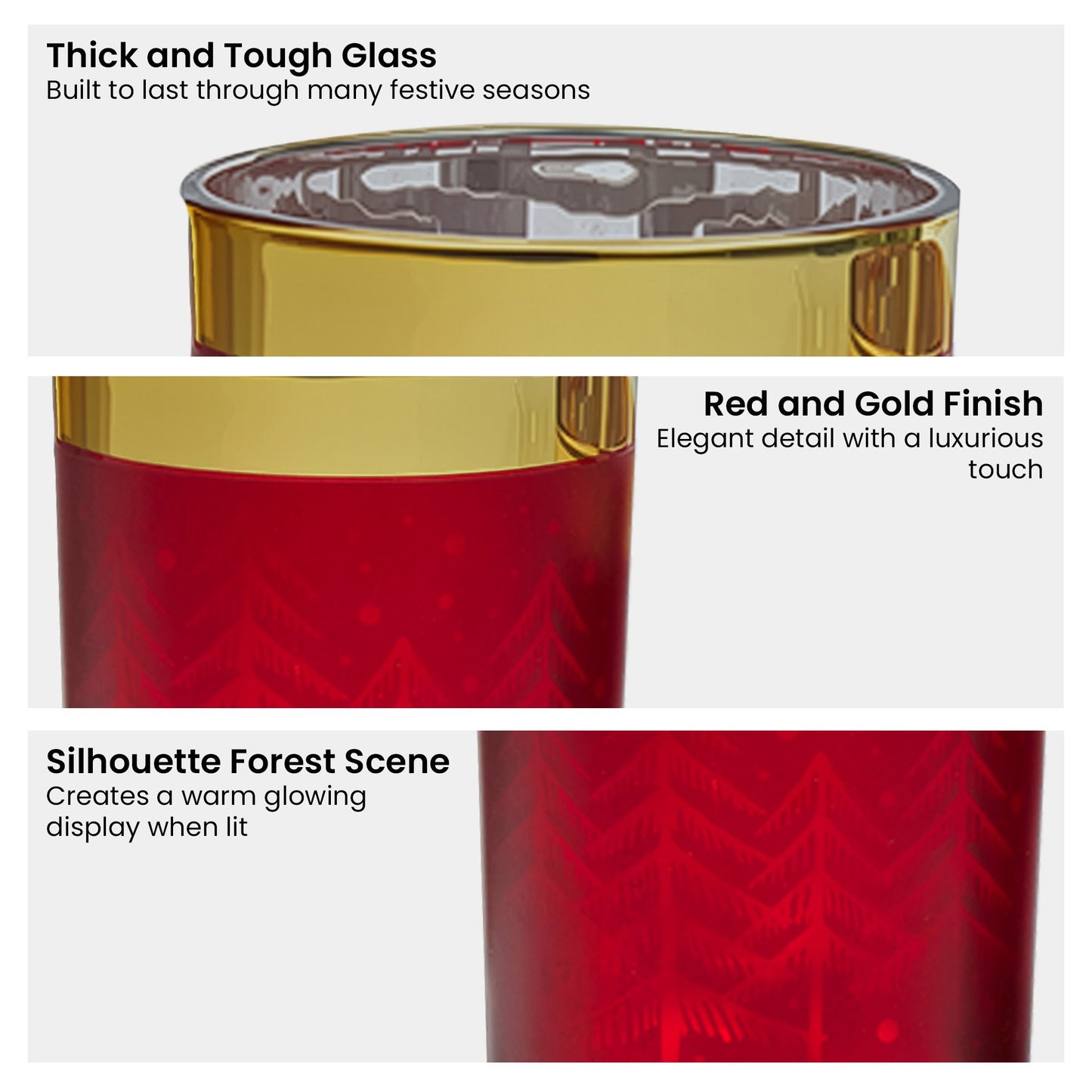 Christmas Candle Jar Set of 3 Red and Gold Holiday Candle Holders