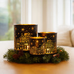 Christmas Candle Jar Set of 3 Black and Gold Holiday Candle Holders