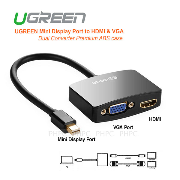  UGREEN Mini Display Port to HDMI & VGA Dual Converter Premium ABS case - Black (10439)