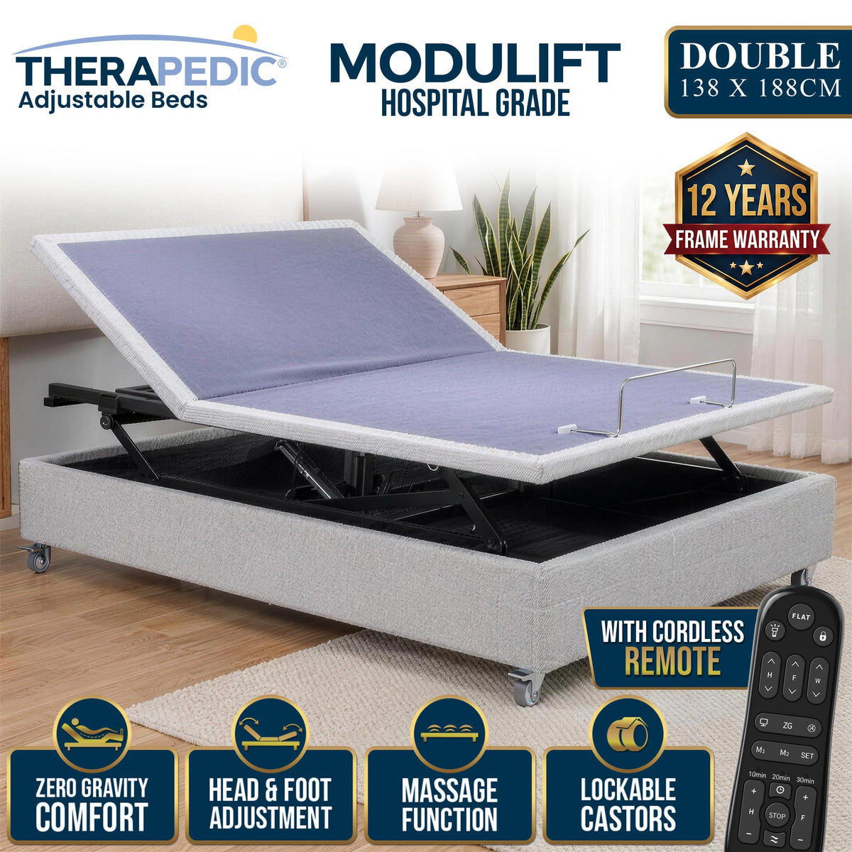 Therapedic Modulift Hospital Grade Double Electric wireless 138x188cm, rear view