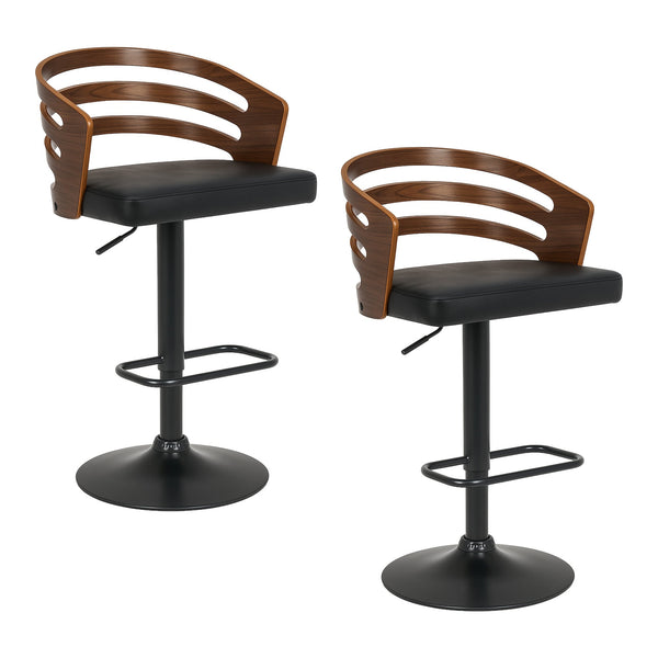  Set of 2 Bentwood Walnut Bar Stools Leather Seat Metal Frame Base