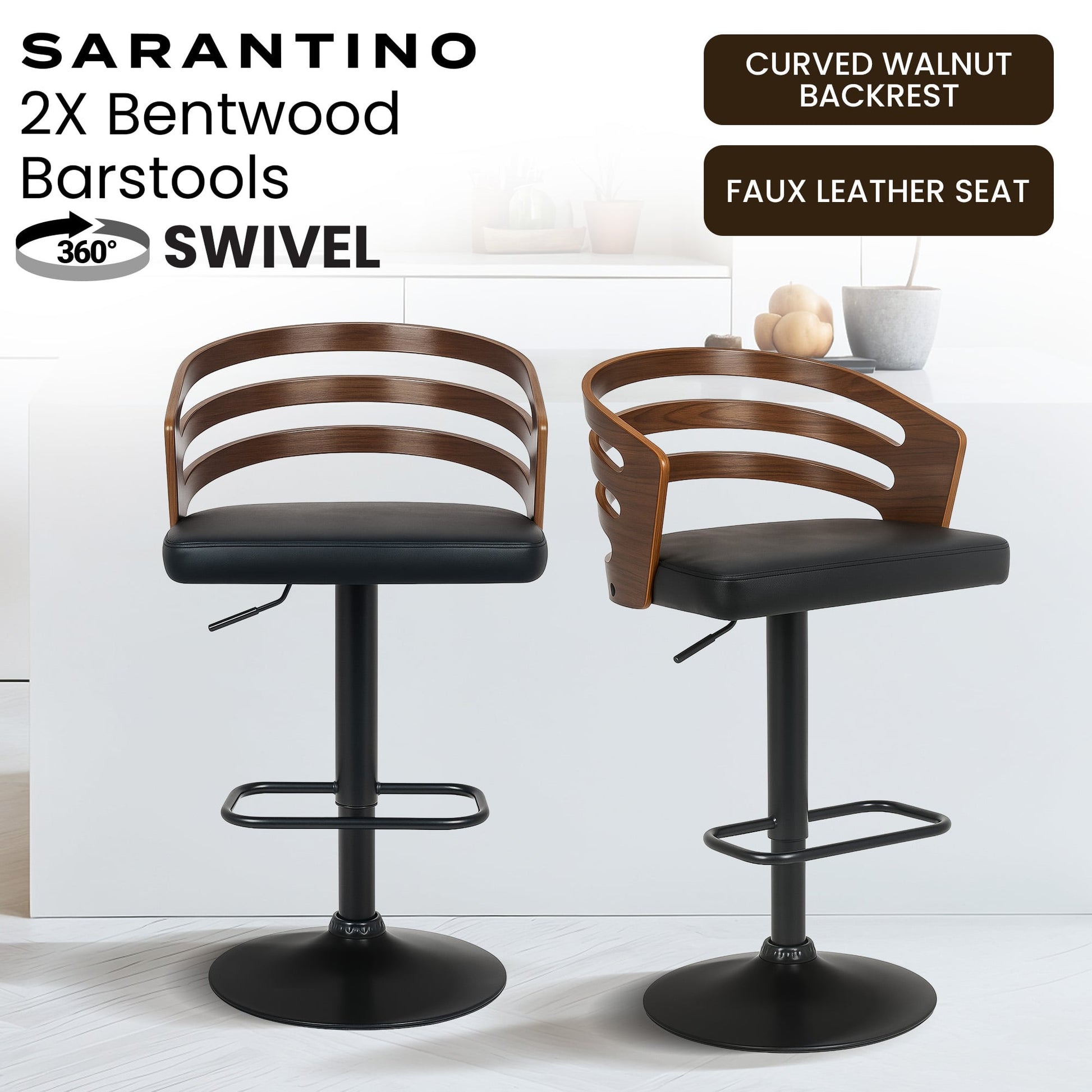 Set of 2 Bentwood Walnut Bar Stools Leather Seat Metal Frame Base