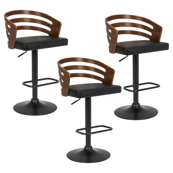  3-Piece Bentwood Walnut Barstool Set Leather Seat Metal Frame